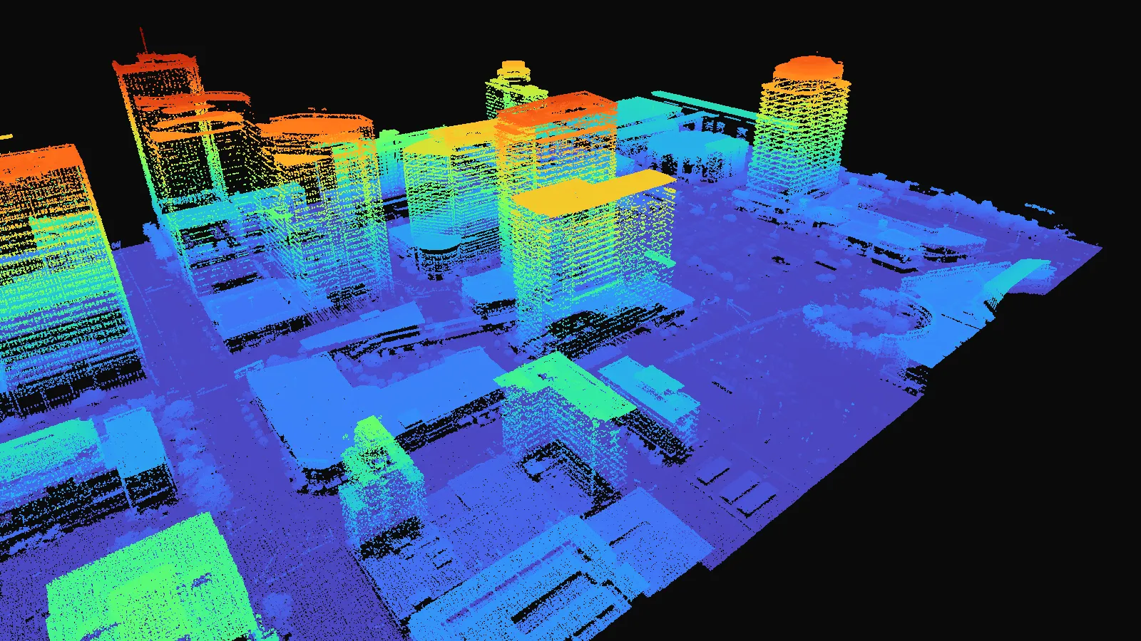 Point cloud of downtown Phoenix high-rises colored by elevation