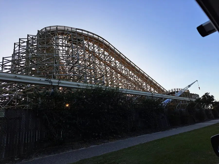 The lattice of a wooden roller coaster.