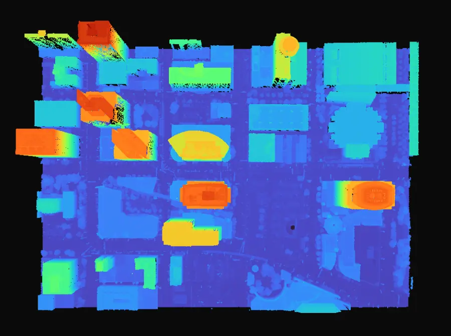 Top-down elevation map of a downtown street grid.